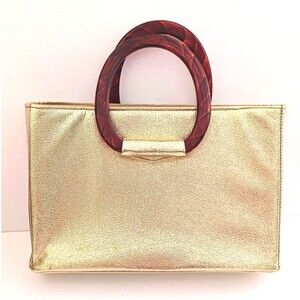 VTG 60s JR Florida USA Gold Lame Tote Tortoise Lucite Double Ring Handles 14X4X9